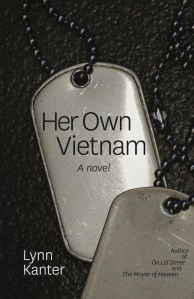 Cover photo of the novel Her Own Vietnam: A pair of dog tags with the title printed on them.